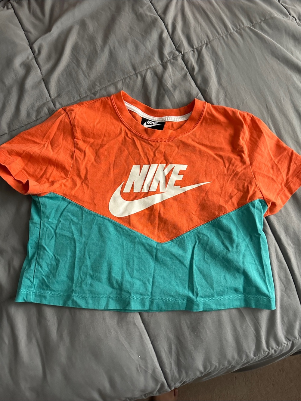 Nike Orange & Teal Colorblock Logo Crop Tee